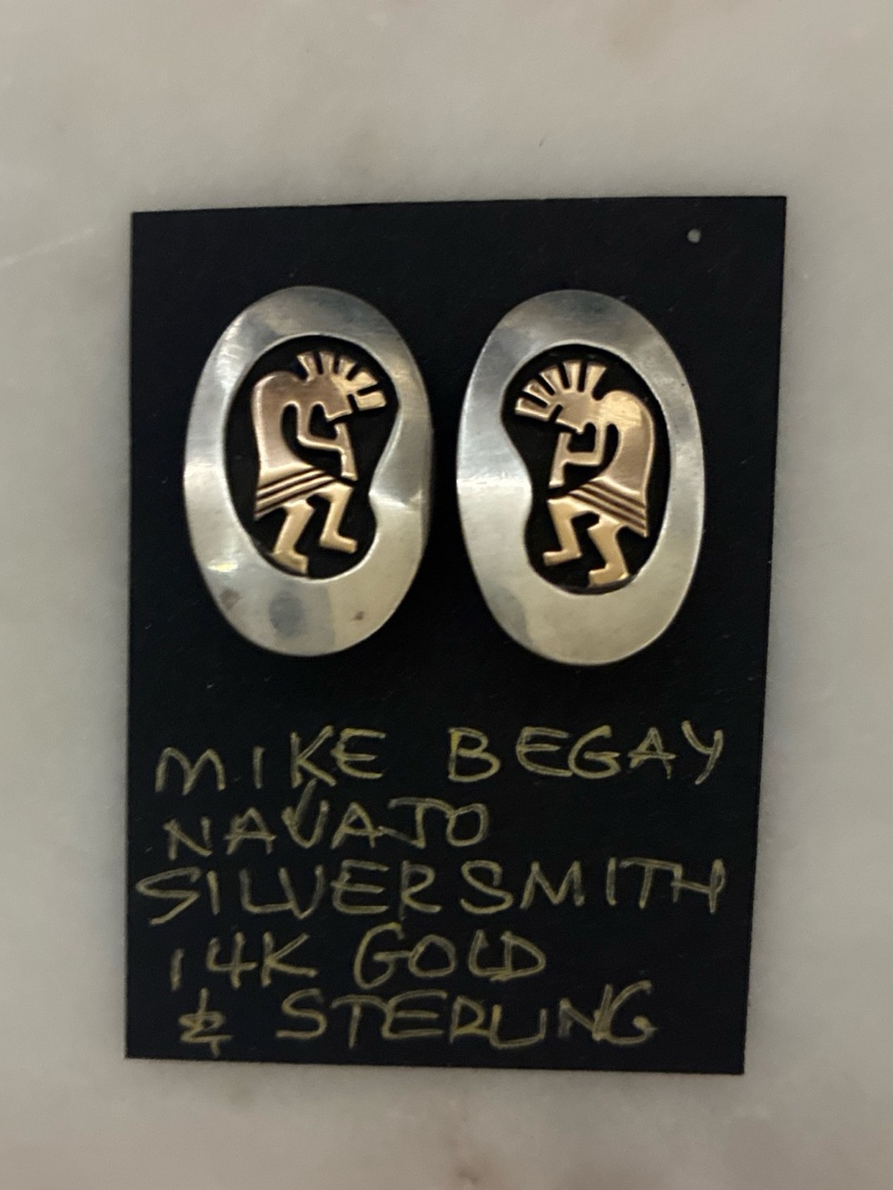 Mike Begay Navajo Sterling & 14K Gold Kokopelli Earrings - Silver & Gold